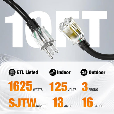 Cable extensión exterior 10ft 16/3 3 clavijas 13A 125V ETL