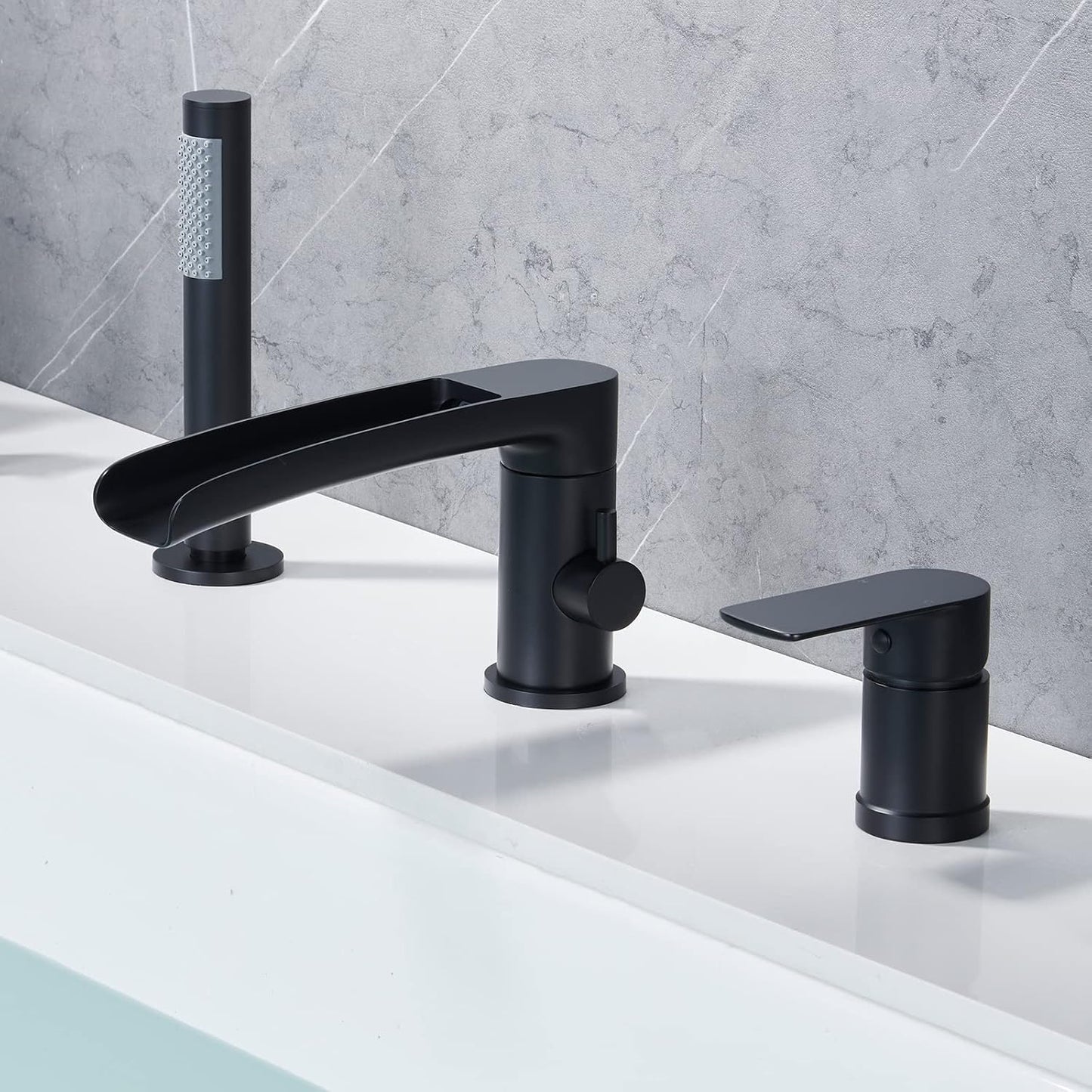 Grifo bañera romano 3 agujeros rociador ducha negro mate