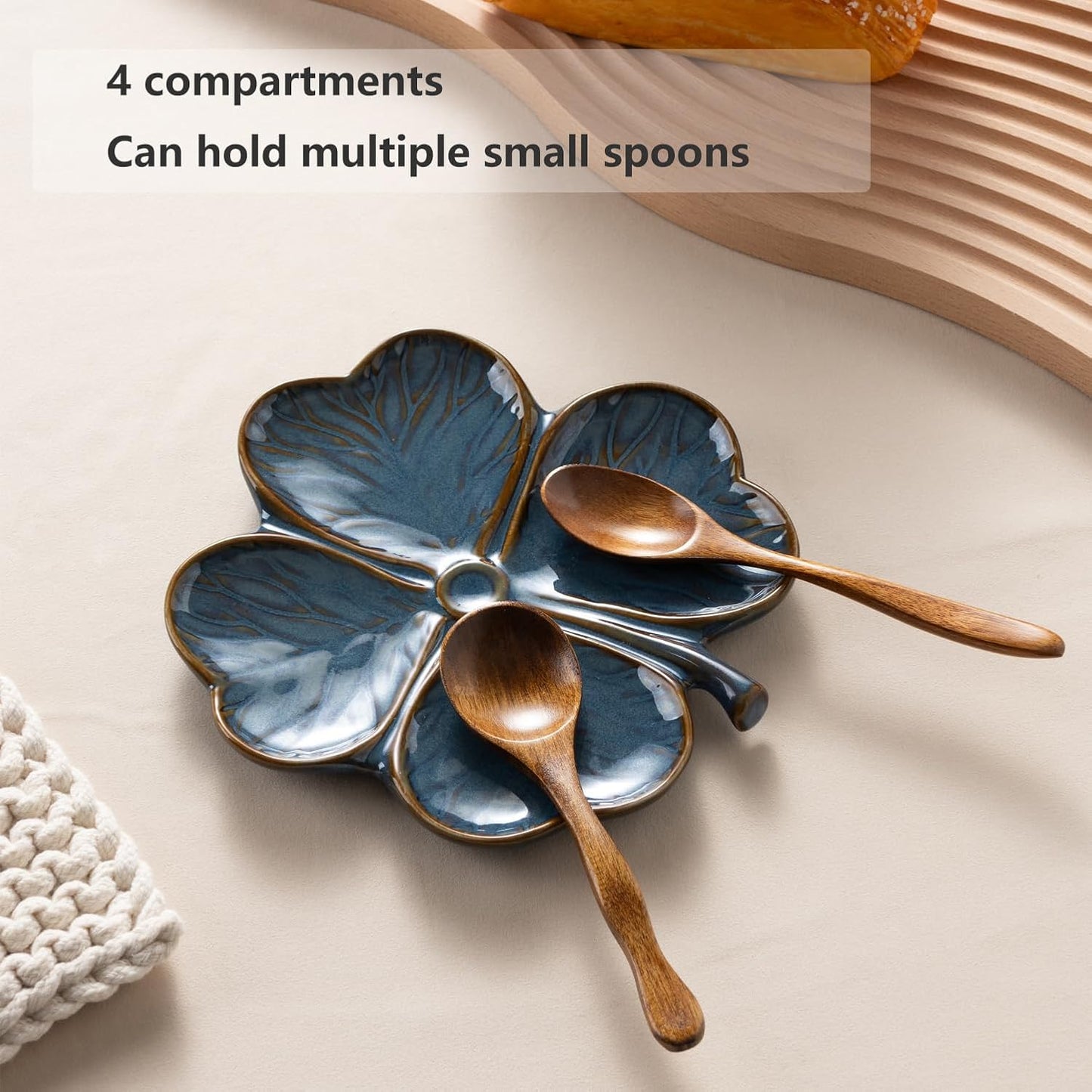 Soporte cuchara cerámica trébol 4 hojas encimera cocina azul