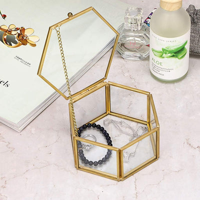 Caja organizadora joyas vidrio 6 lados dorados decorativa