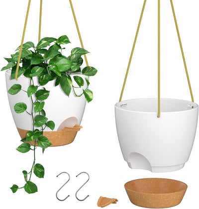 2 Pzas Maceta Colgante Plástico Riego Automático 6.5" Blanco