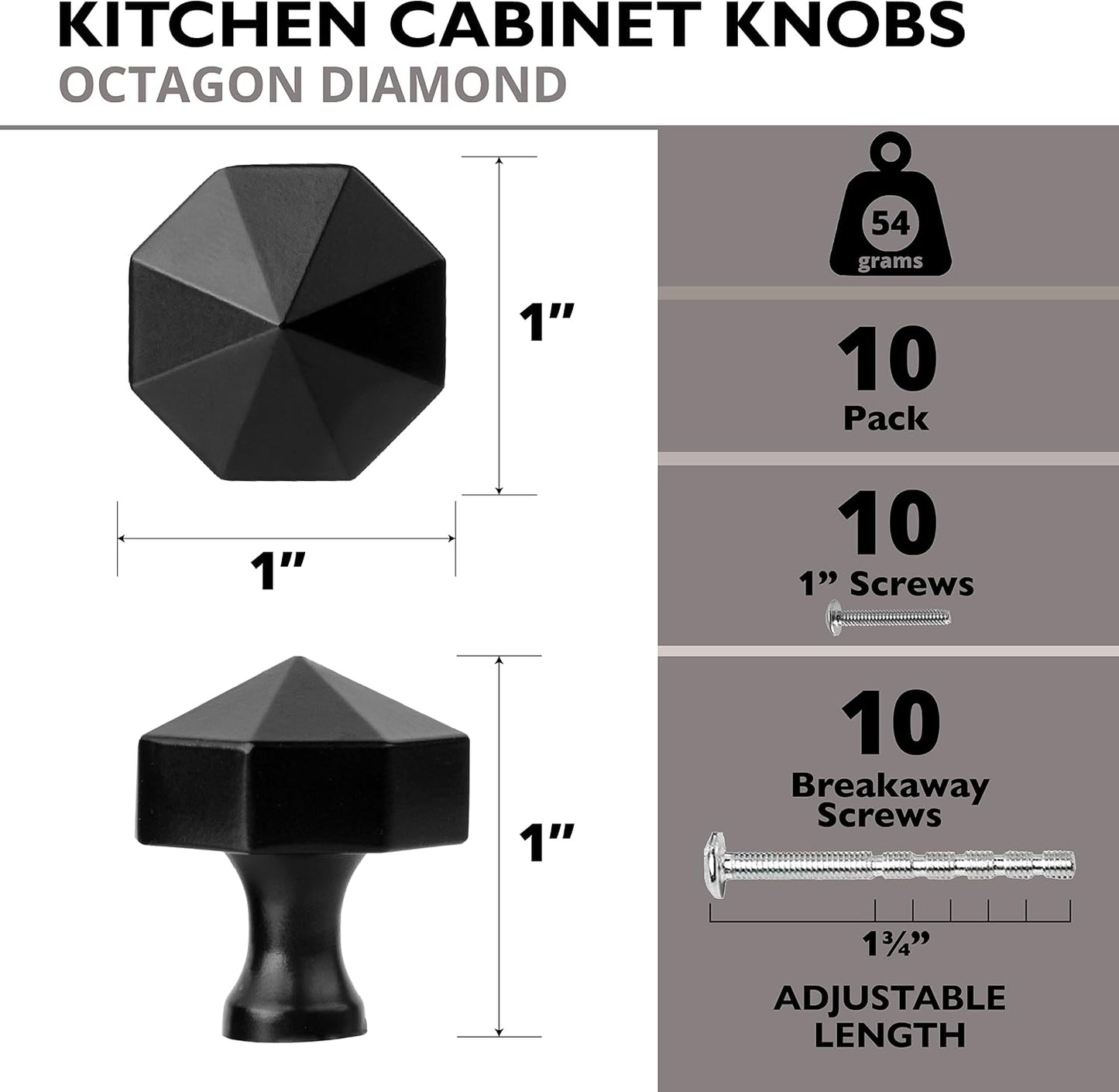 Pomo gabinete forma diamante negro 10 pzas 1pulg contemporáneo