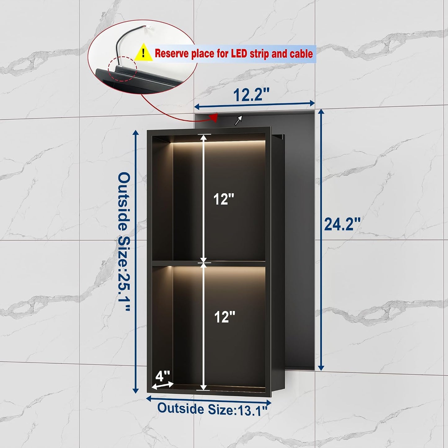 Nicho pared 2 niveles 12x24pulg con luz LED acero inox