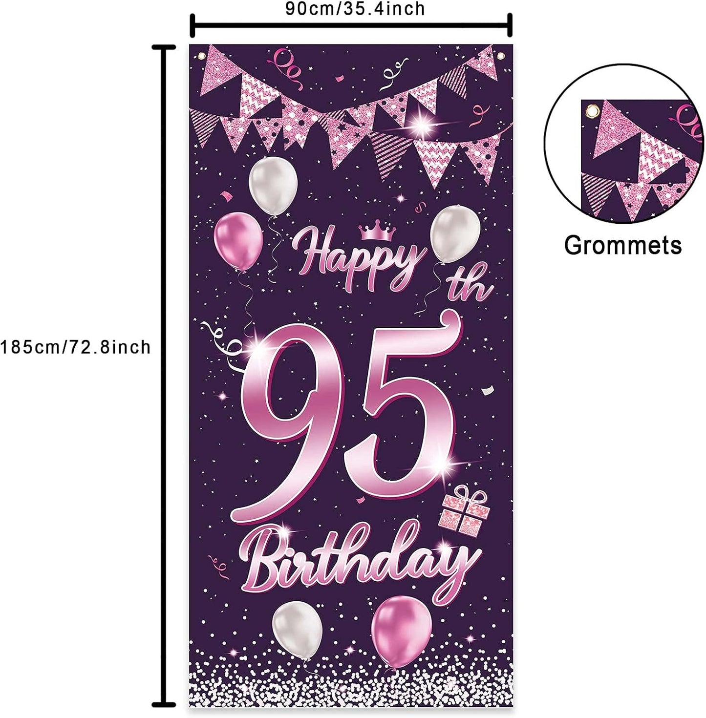 Cartel feliz cumpleaños 95 años rosa morada decoración puerta