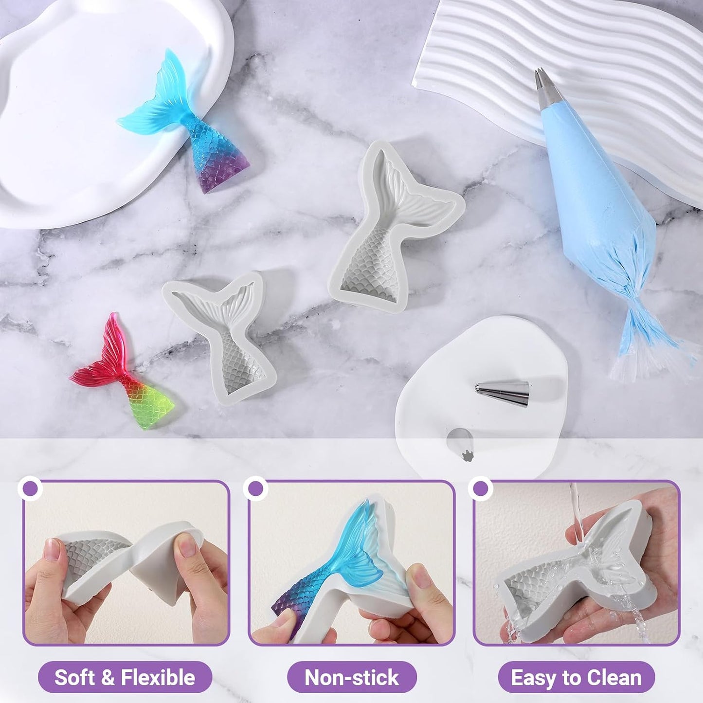 Moldes silicona cola sirena 2 pzas mini fondant decoración pastel