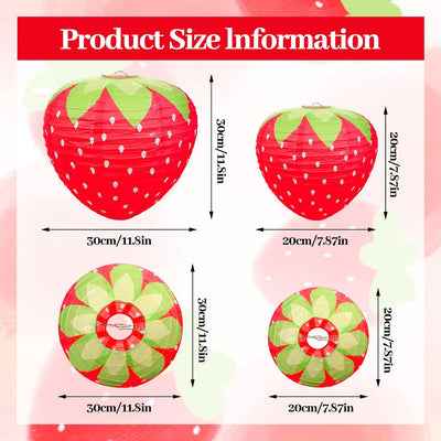 3 Linternas Papel Fresa 8x12pulg Rojo Decoración Fiesta