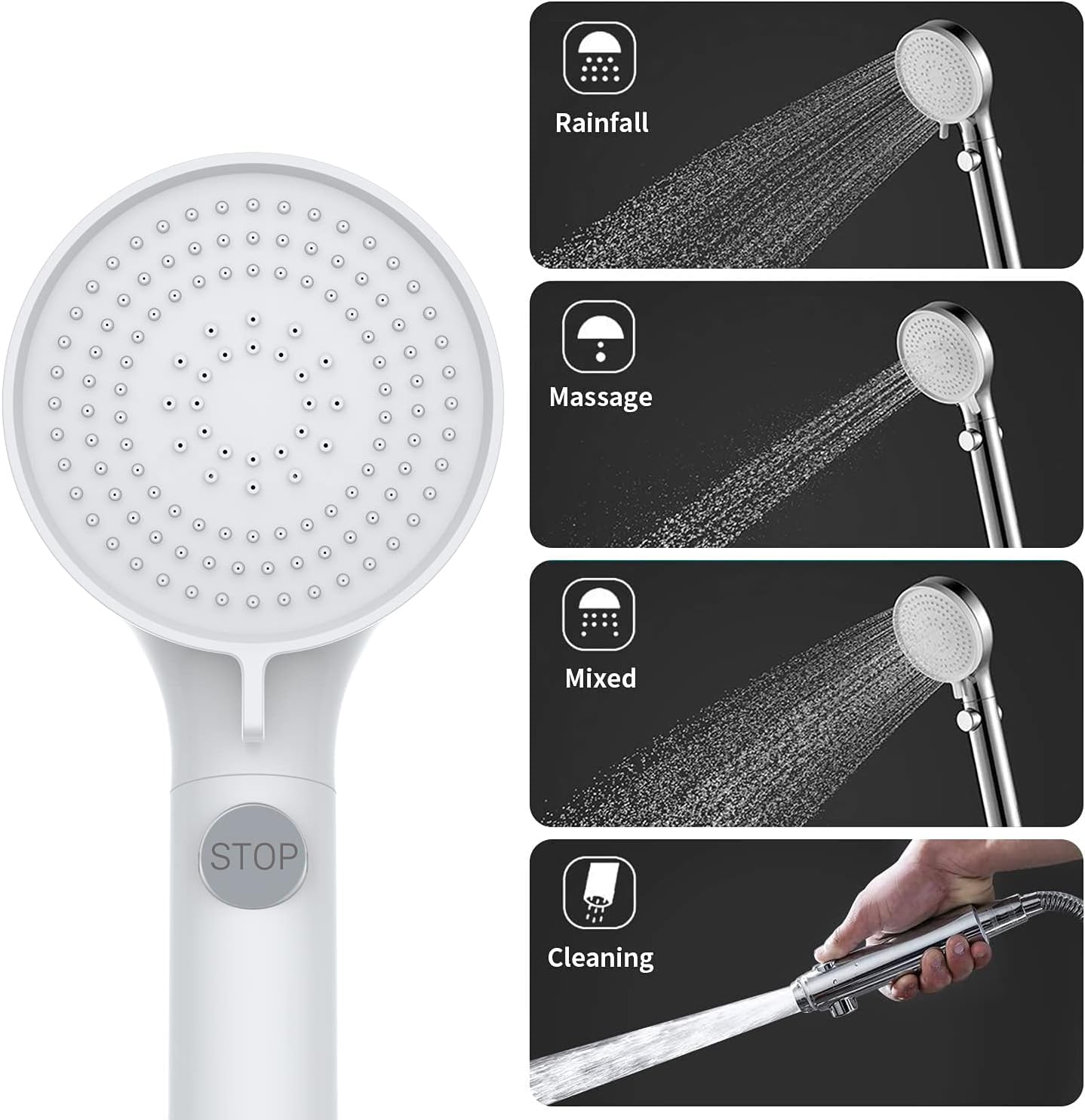 Cabezal ducha RV con manguera botón encendido blanco
