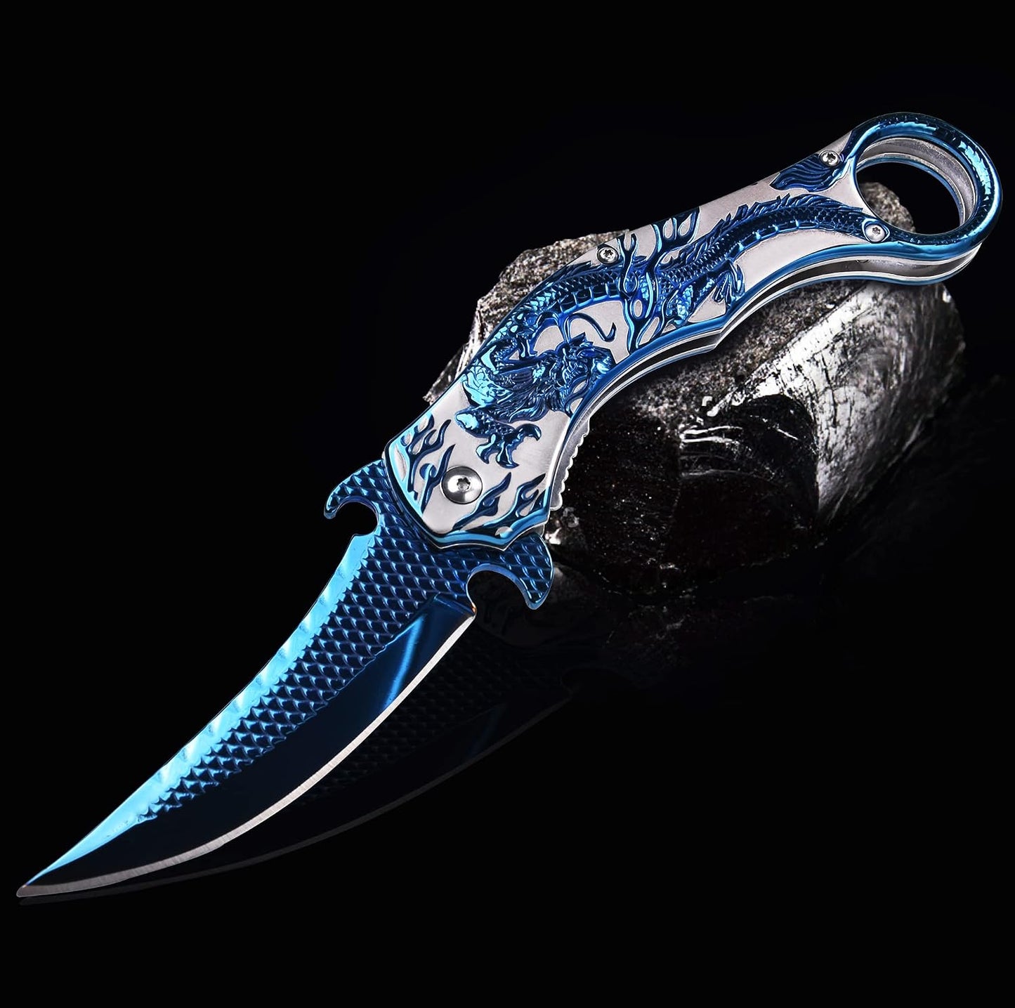 Cuchillo plegable EDC con relieve dragón azul 3D para hombres