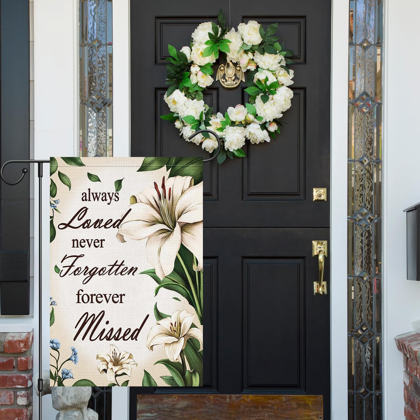 Bandera jardín doble cara 12x18" texto floral cementerio