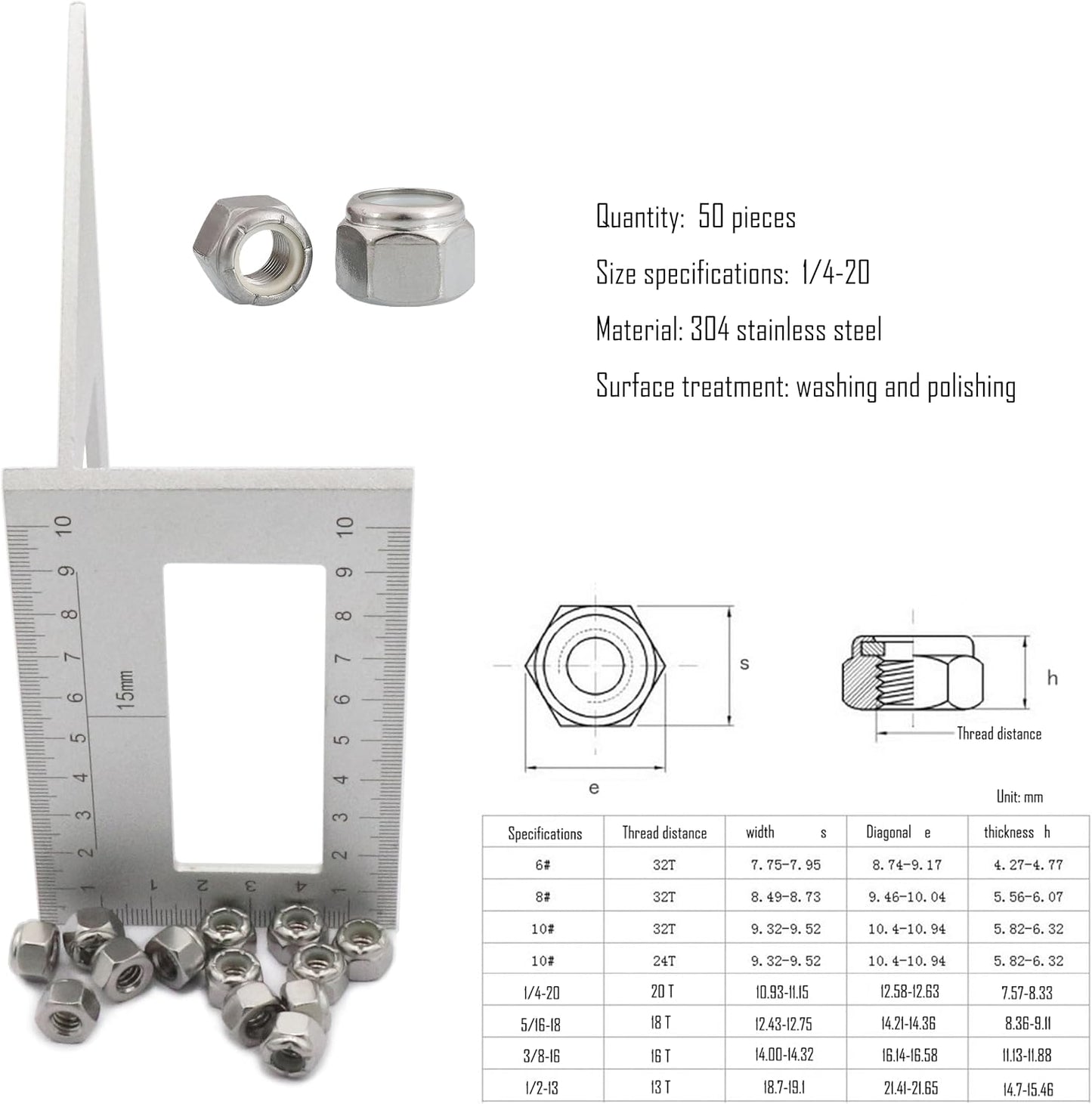 50 Tuercas Bloqueo Hex 1/4-20 Acero Inox 304 Plateado