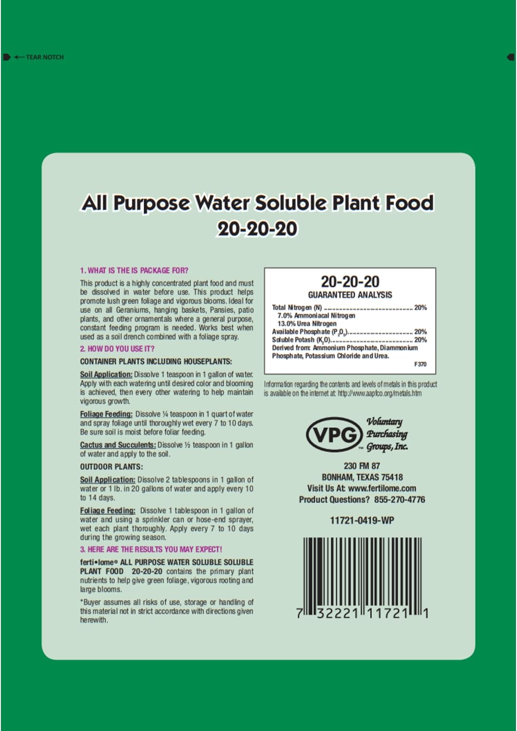 Alimento vegetal soluble 20-20-20 15lb