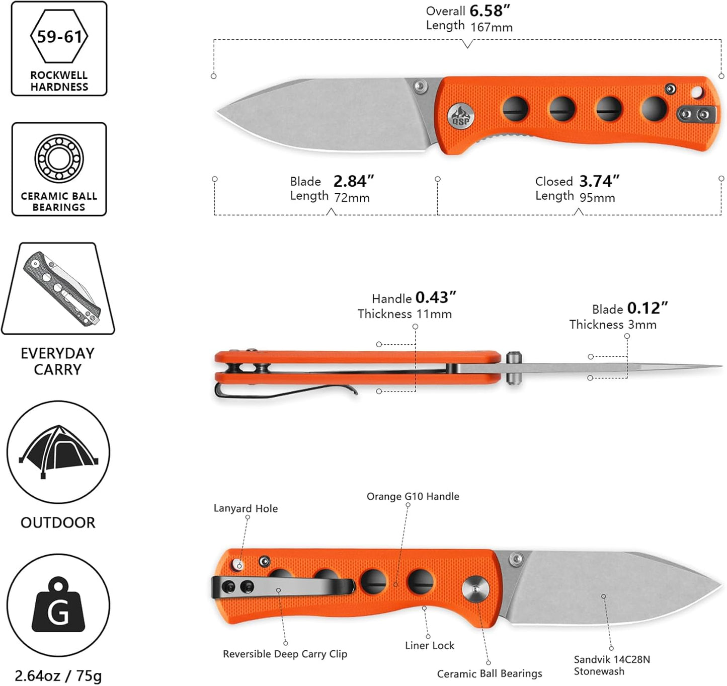 Cuchillo EDC hoja 7.21cm Sandvik 14C28N mango G10 naranja