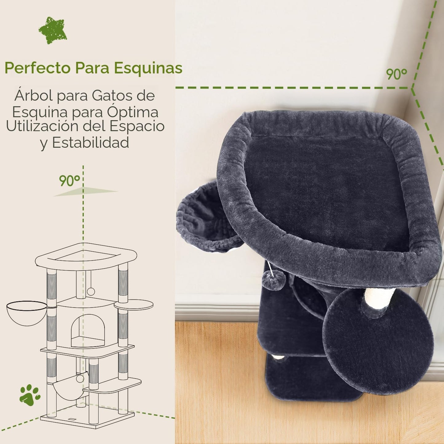 Torre esquinera gatos 51pulg 7 postes sisal cueva gris
