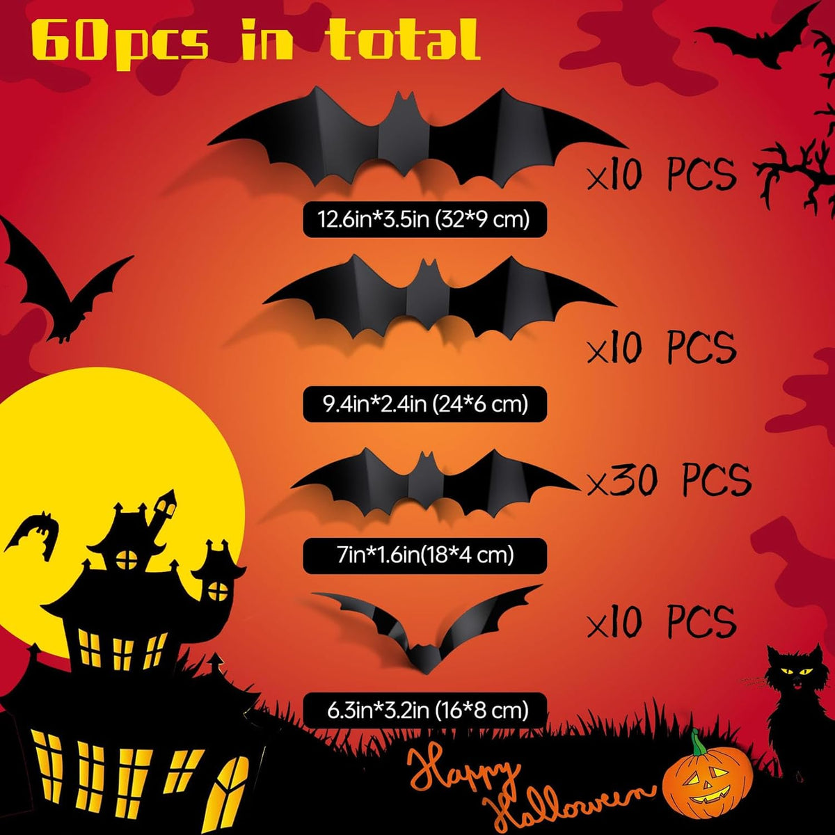 60 Pzas Decoración Murciélagos PVC Negro 3D Halloween