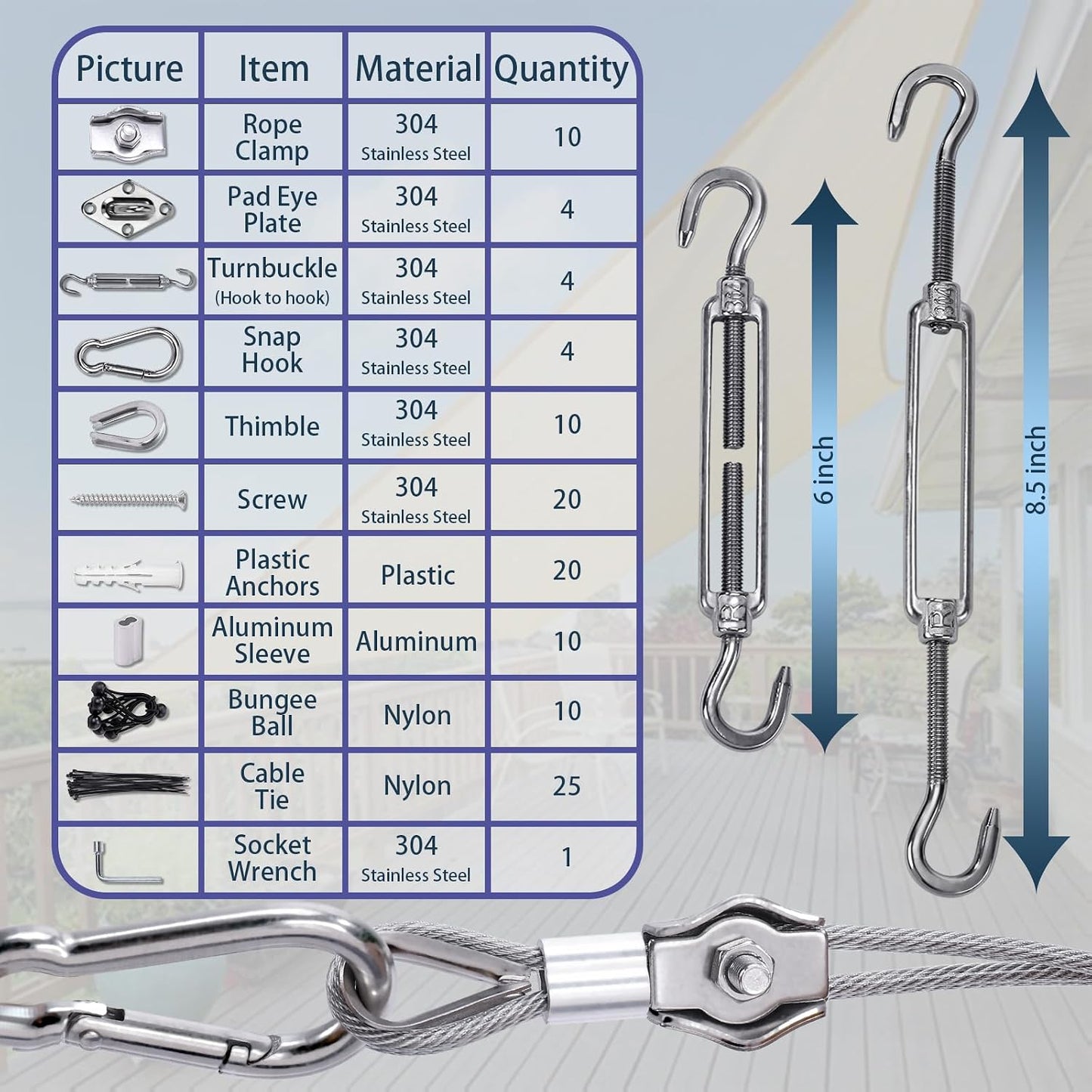 Kit accesorios vela sombra 6" 118pzas para exteriores