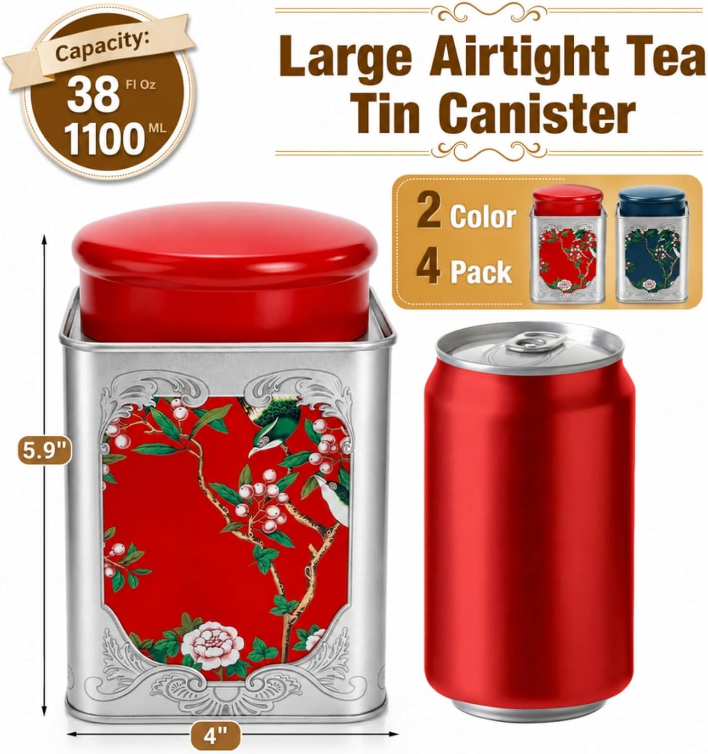 3 Tarros de Té 38oz Hojalata Tapas Dobles Estilo Chino