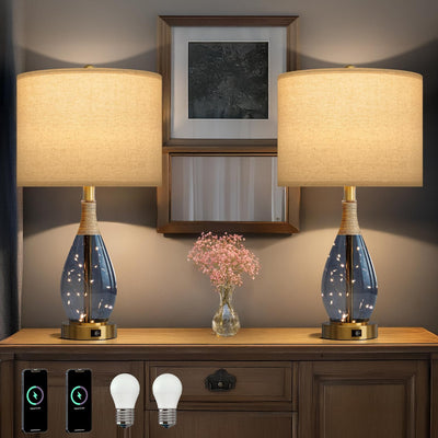 2 Lámparas Mesa Estilo Granja Ratán Boho Cristal