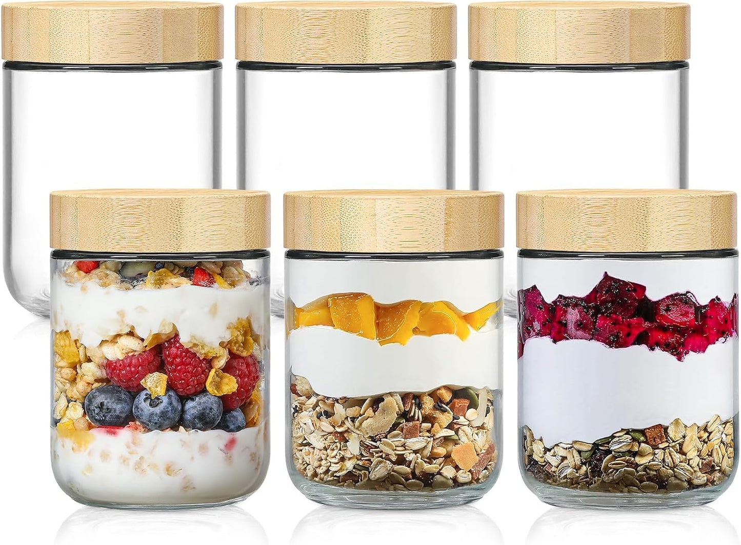 6 Tarros Vidrio 16oz Tapas Herméticas Bambú