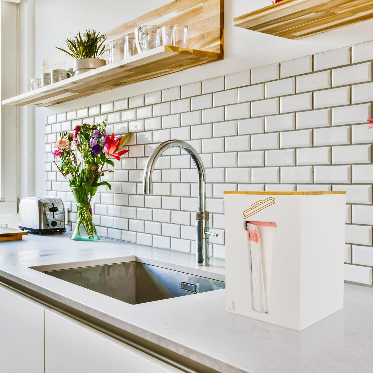 Dispensador bolsas basura bambú con tapa encimera cocina
