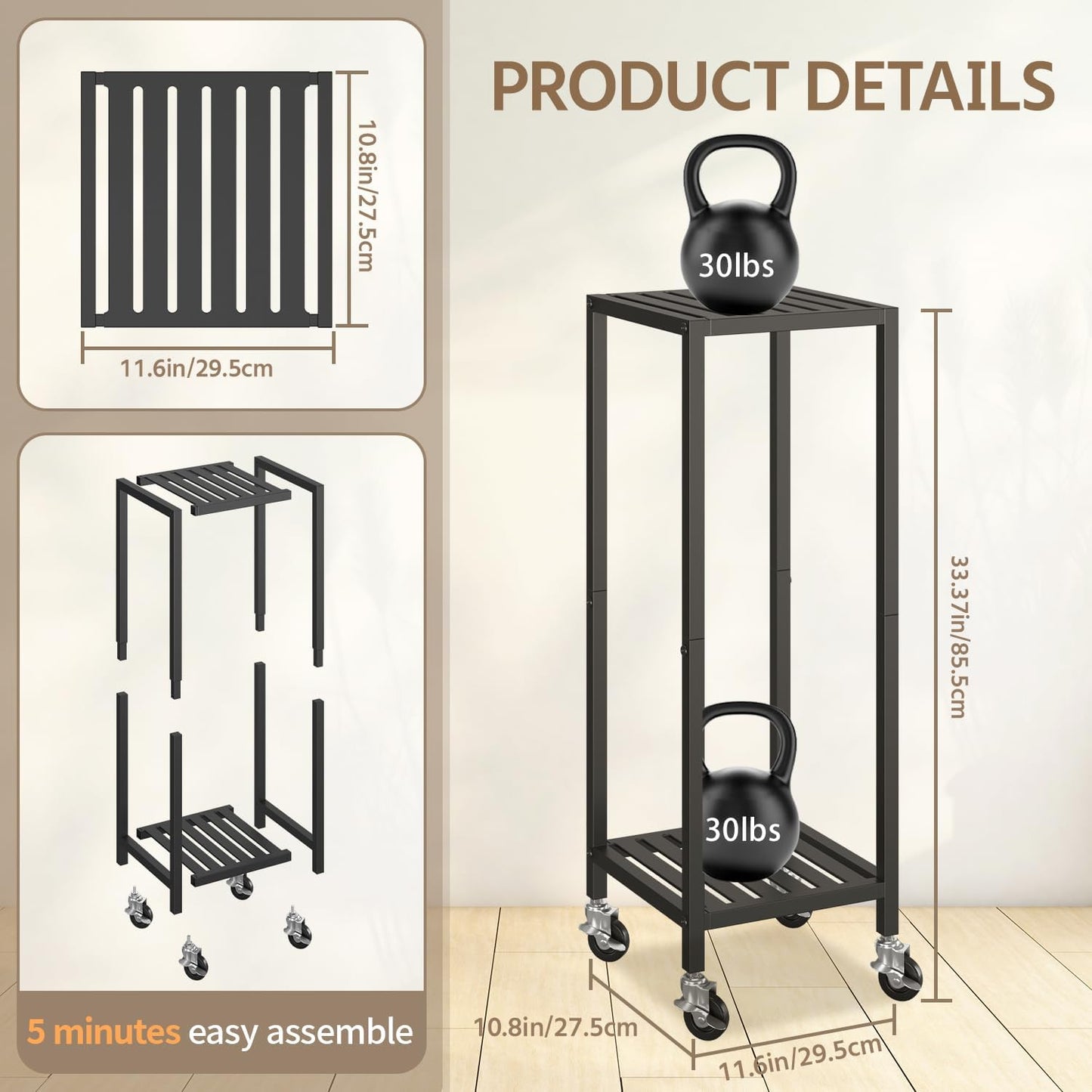 Soporte plantas hierro negro 2 niveles rueda para maceta