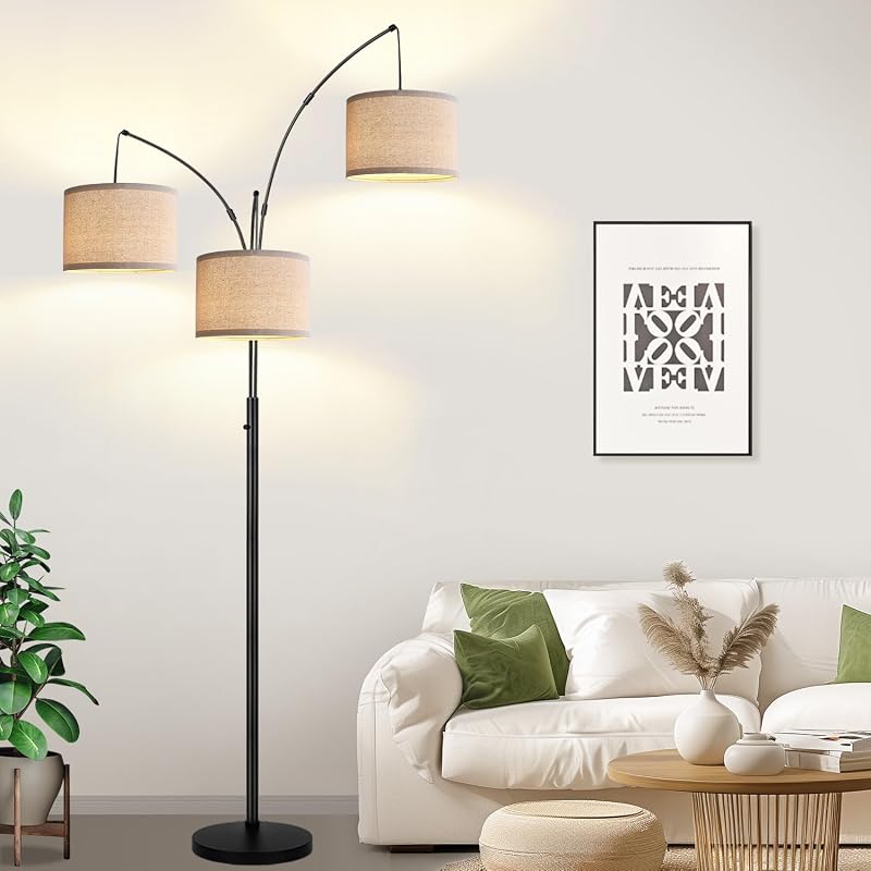 Lámpara pie regulable 3 luces arco negro sala dormitorio