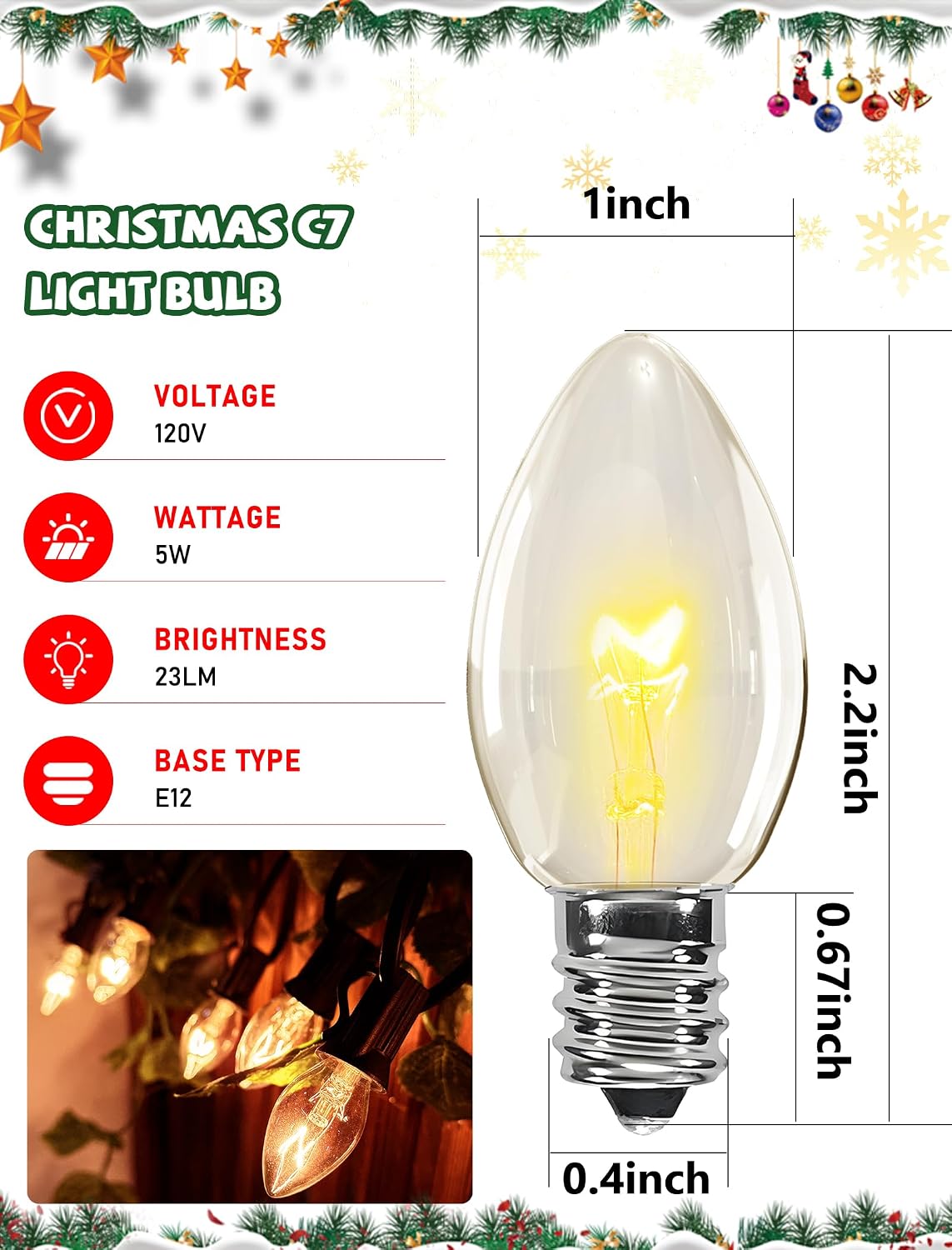 50 Focos C7 Transparentes Incandescentes para Luces de Navidad