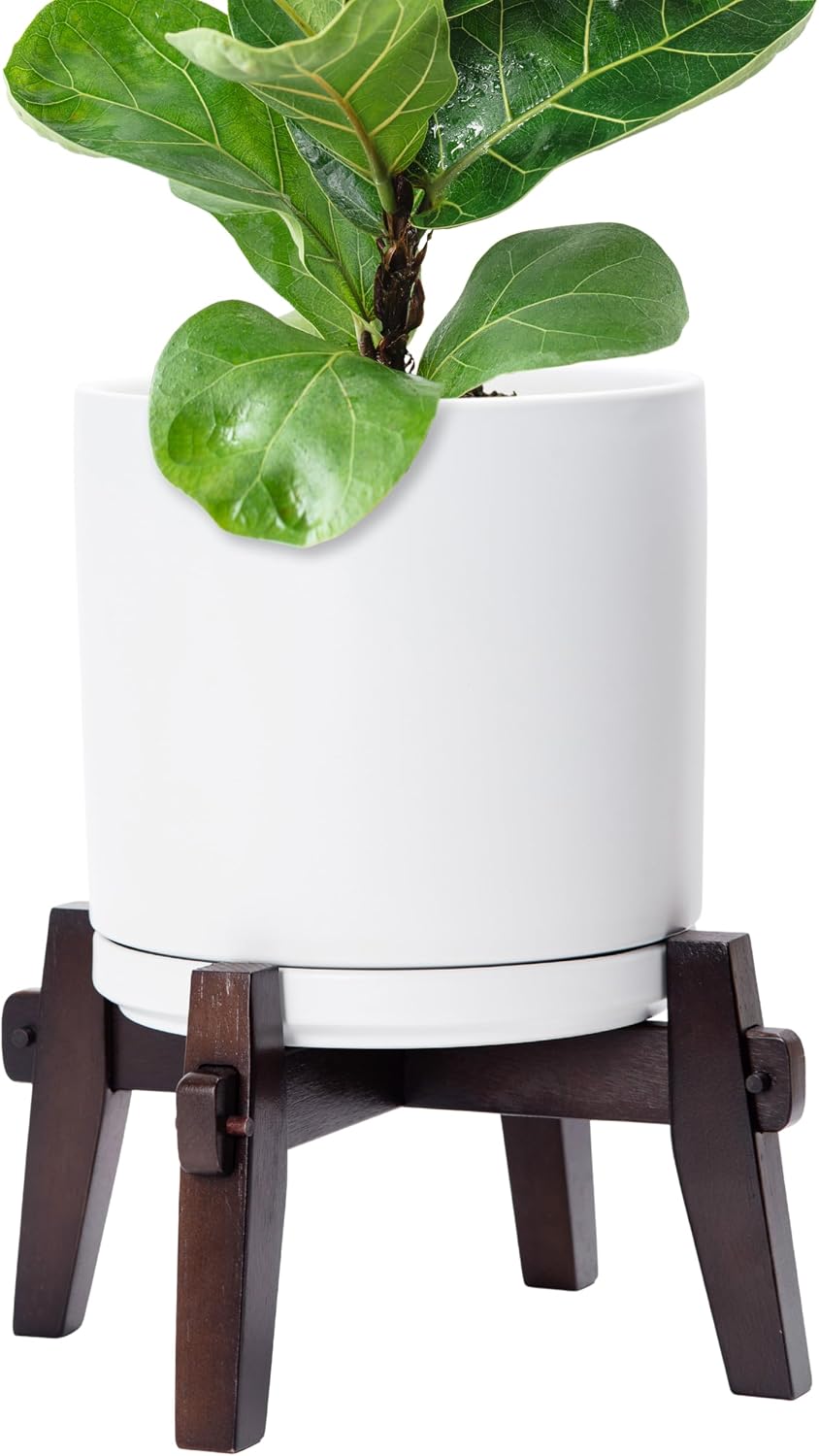 Maceta cerámica soporte madera cilíndrica 10pulg color blanco