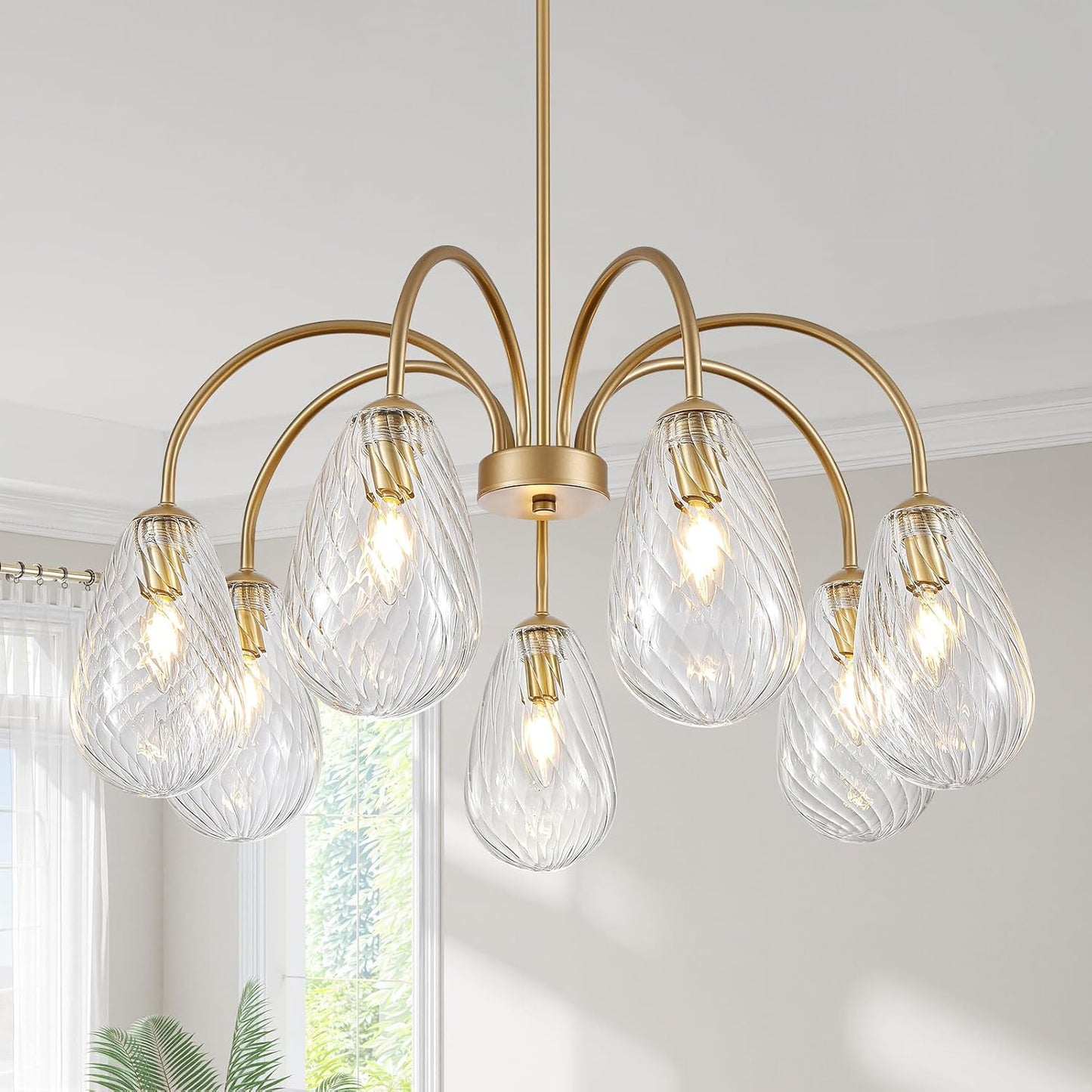 Candelabro dorado 7 luces moderno con pantallas vidrio textura