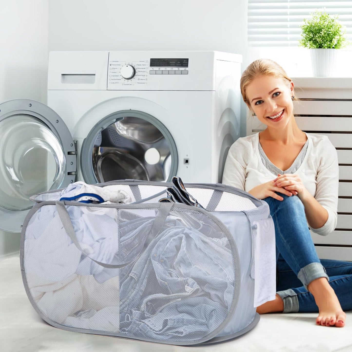 Cesta plegable lavandería 2 compartimentos bolsillo práctico