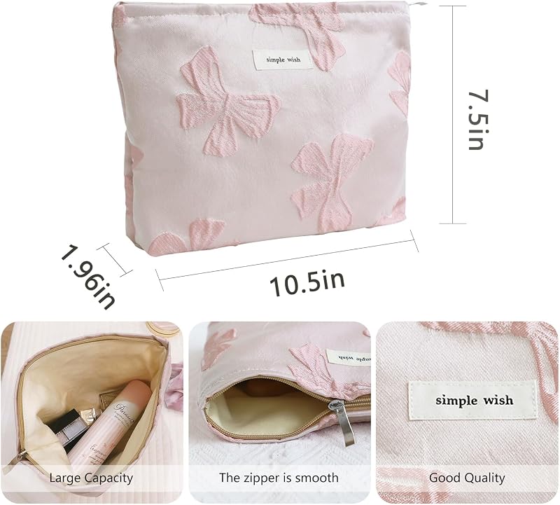 Bolsa maquillaje mujer con cremallera lazo rosa grande