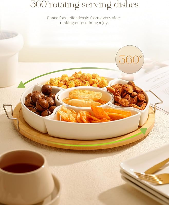Platos servir cerámica con bandeja bambú giratoria 360° 5