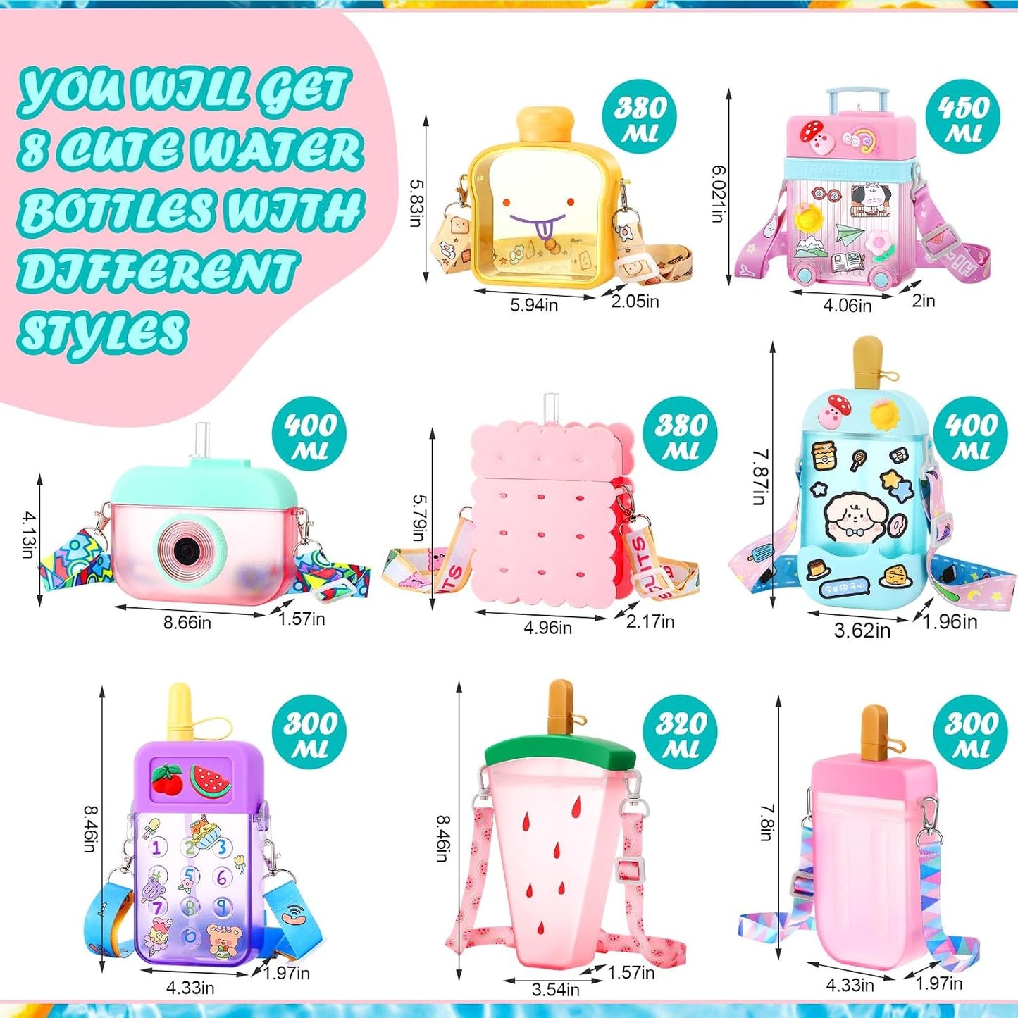 8 Botellas Agua con Pajita Taza Helado Sandía Ajustable