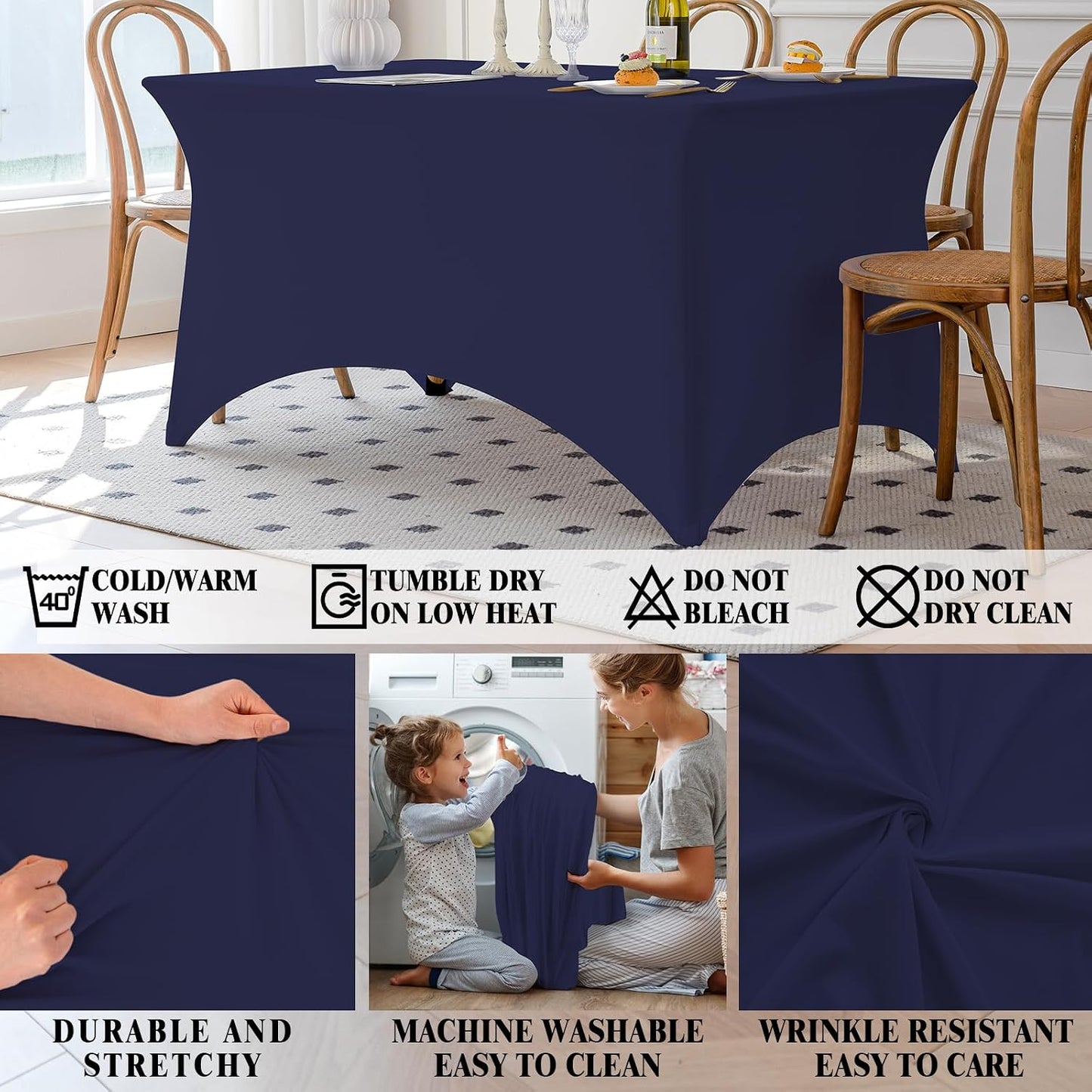 Mantel elastano azul marino 8ft ajustable para eventos