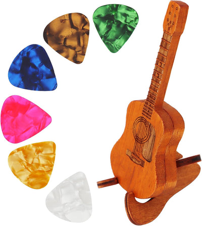 Caja púas guitarra madera soporte 6 púas celuloide