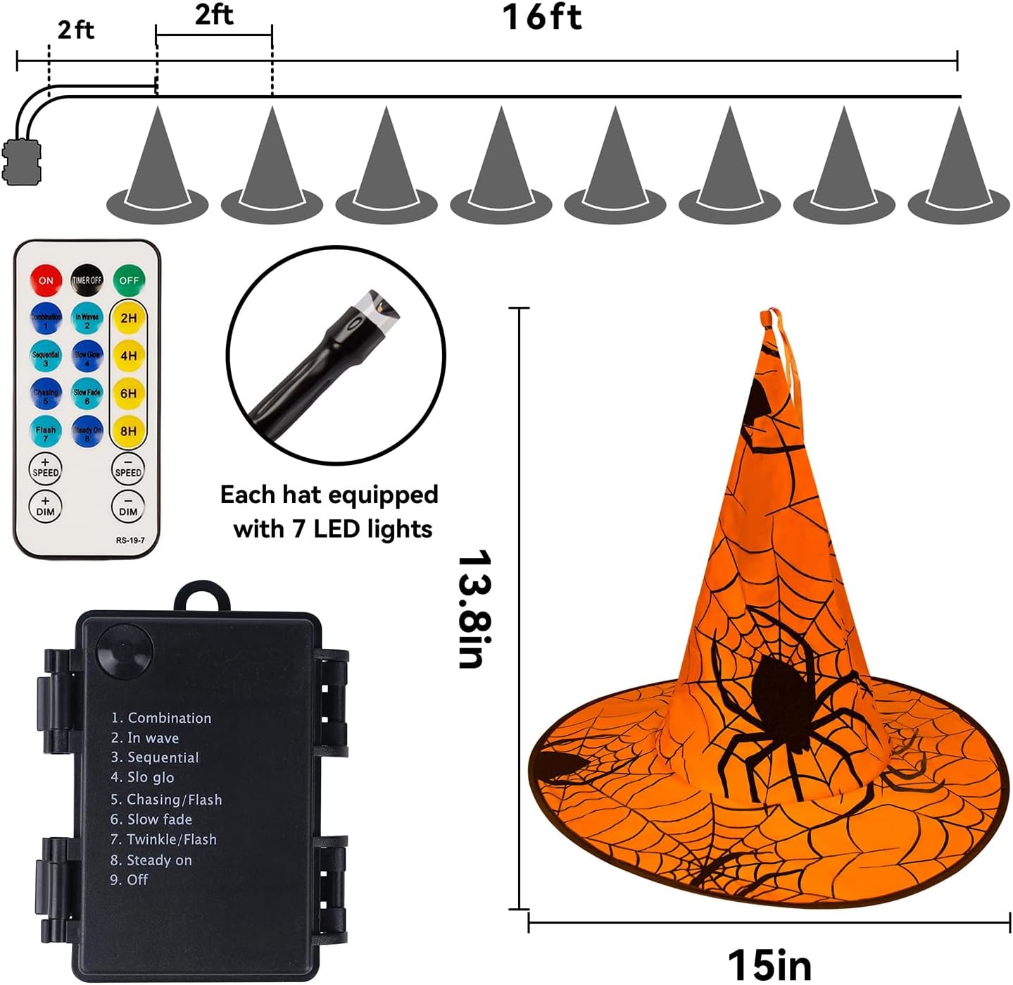 8 Sombreros Bruja Iluminados 16" Cadena Luces Halloween