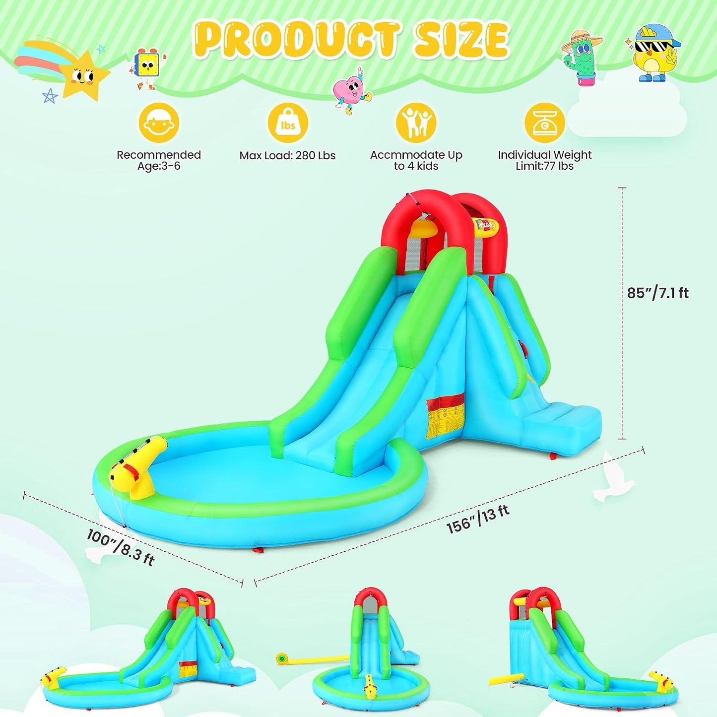 Tobogán acuático inflable 13x8.3pulg para niños con soplador