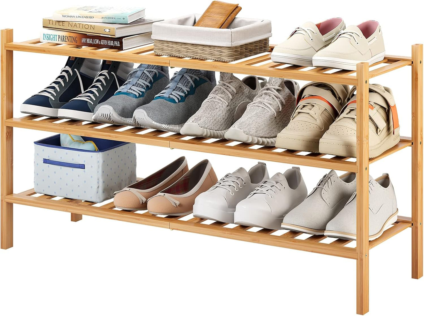 Estante zapatos bambú apilable 3 niveles armario