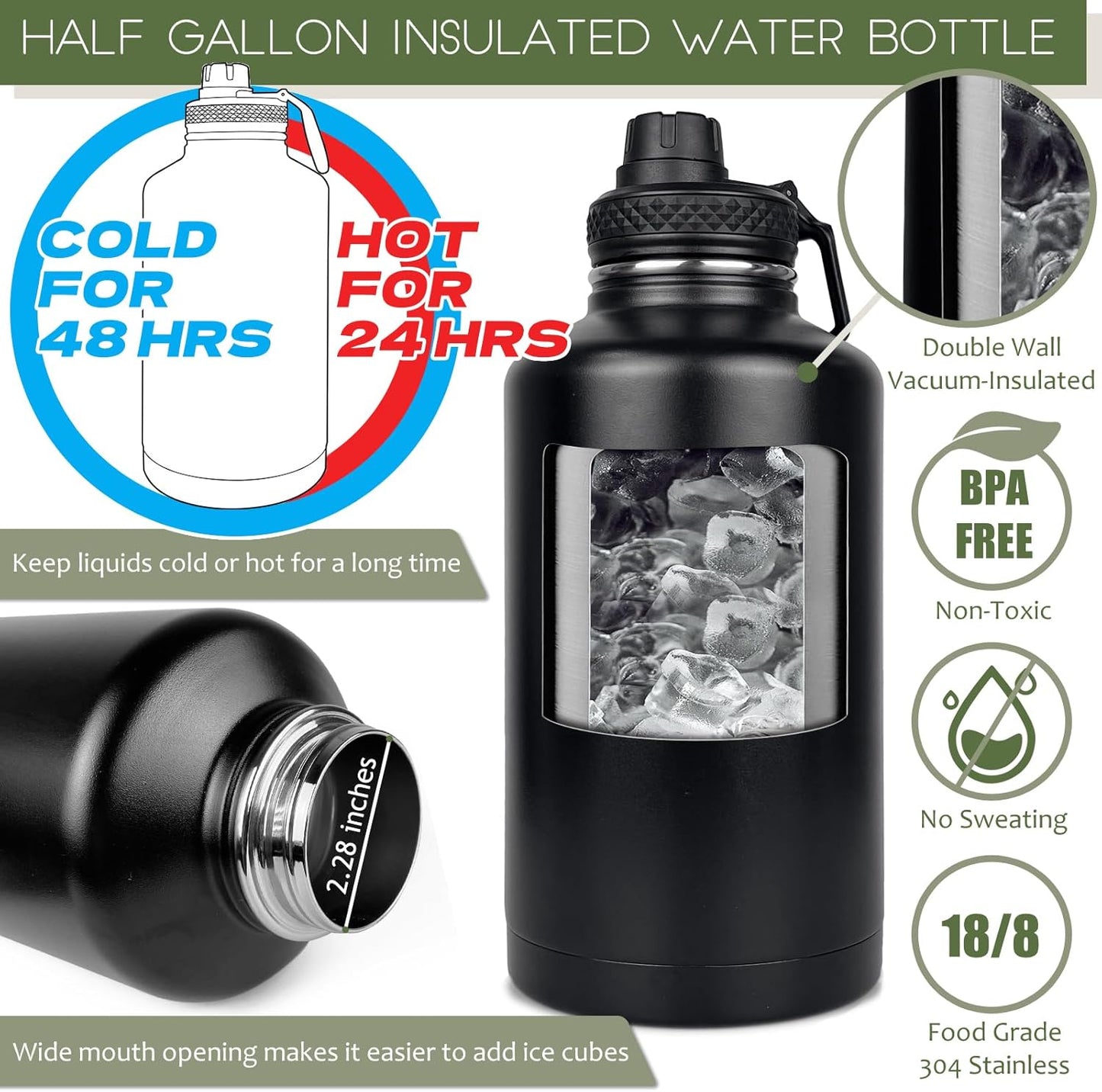 Botella agua acero inox 64oz con correa para gimnasio