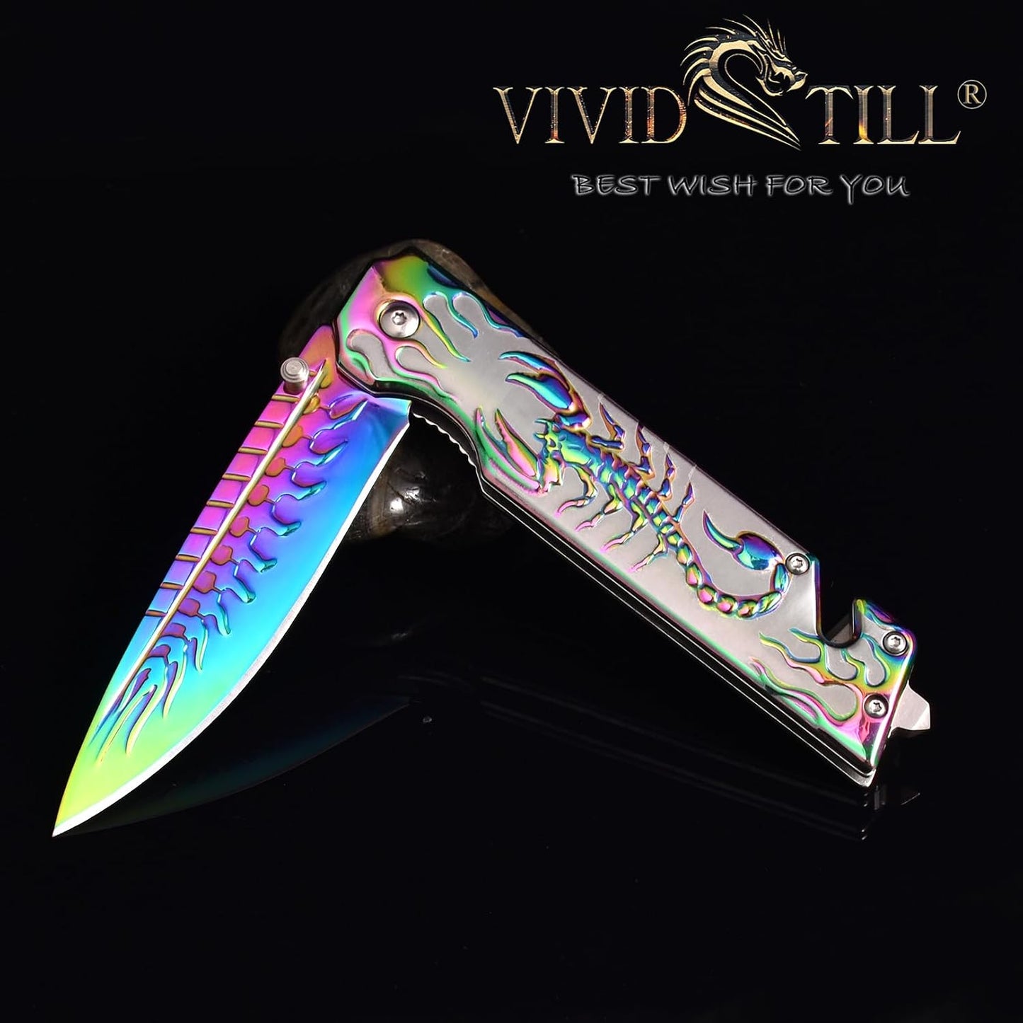 Cuchillo plegable arcoíris 3D para hombres EDC supervivencia