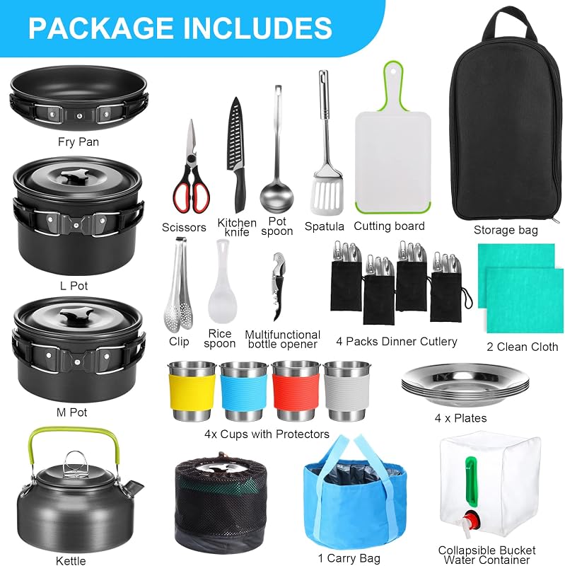 Kit 42 Utensilios Cocina Camping Ollas Tazas Acero Inox