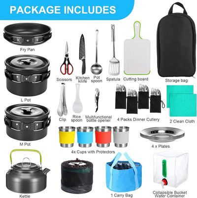 Kit 42 Utensilios Cocina Camping Ollas Tazas Acero Inox