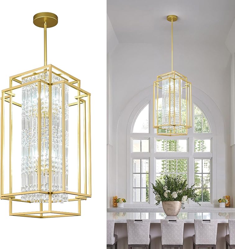 Lámpara techo rústica metal dorado colgante cristal