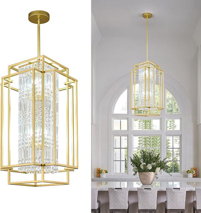 Lámpara techo rústica metal dorado colgante cristal
