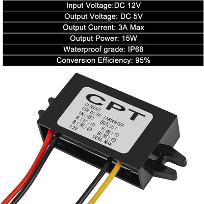 Convertidor DC impermeable 12V/24V a 5V 3A 15W coche