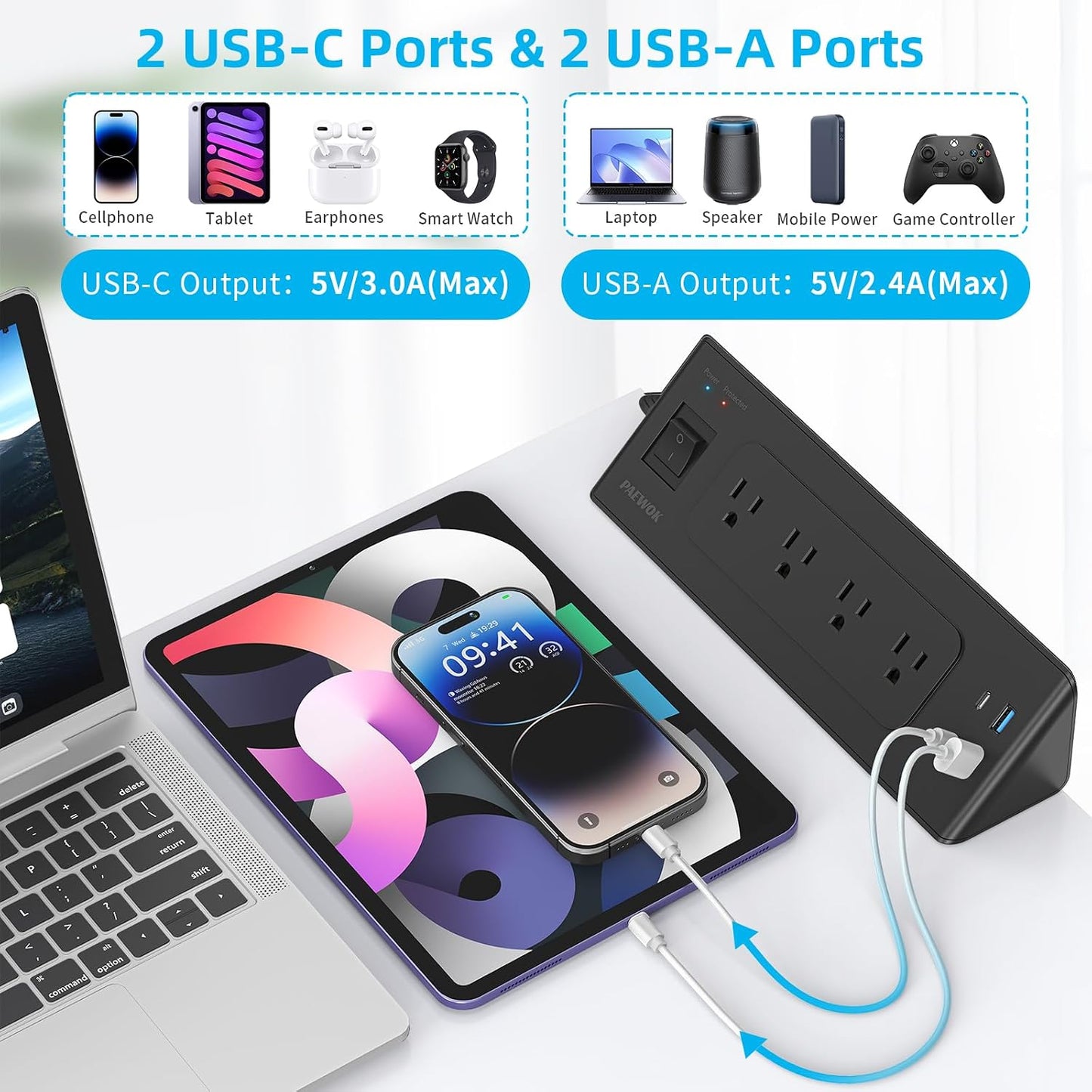 Regleta escritorio 4 tomas USB C y USB con protección