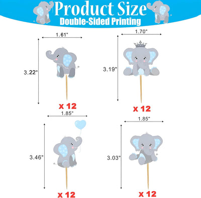 48 Pzas Decoración Cupcakes Elefante Azul Niños Doble Cara
