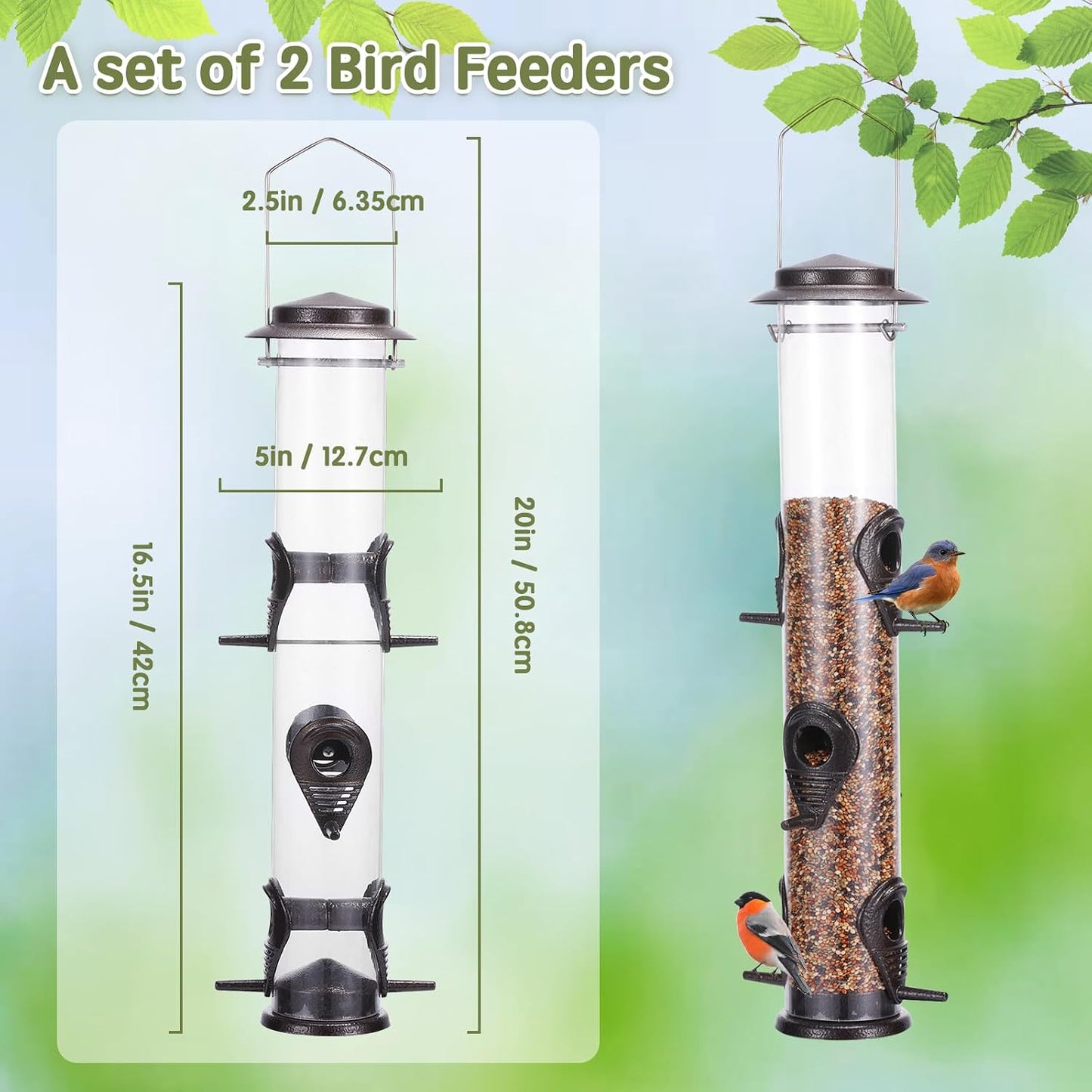 2 Comederos Metal Tubo 6 Puertos para Pájaros Exterior