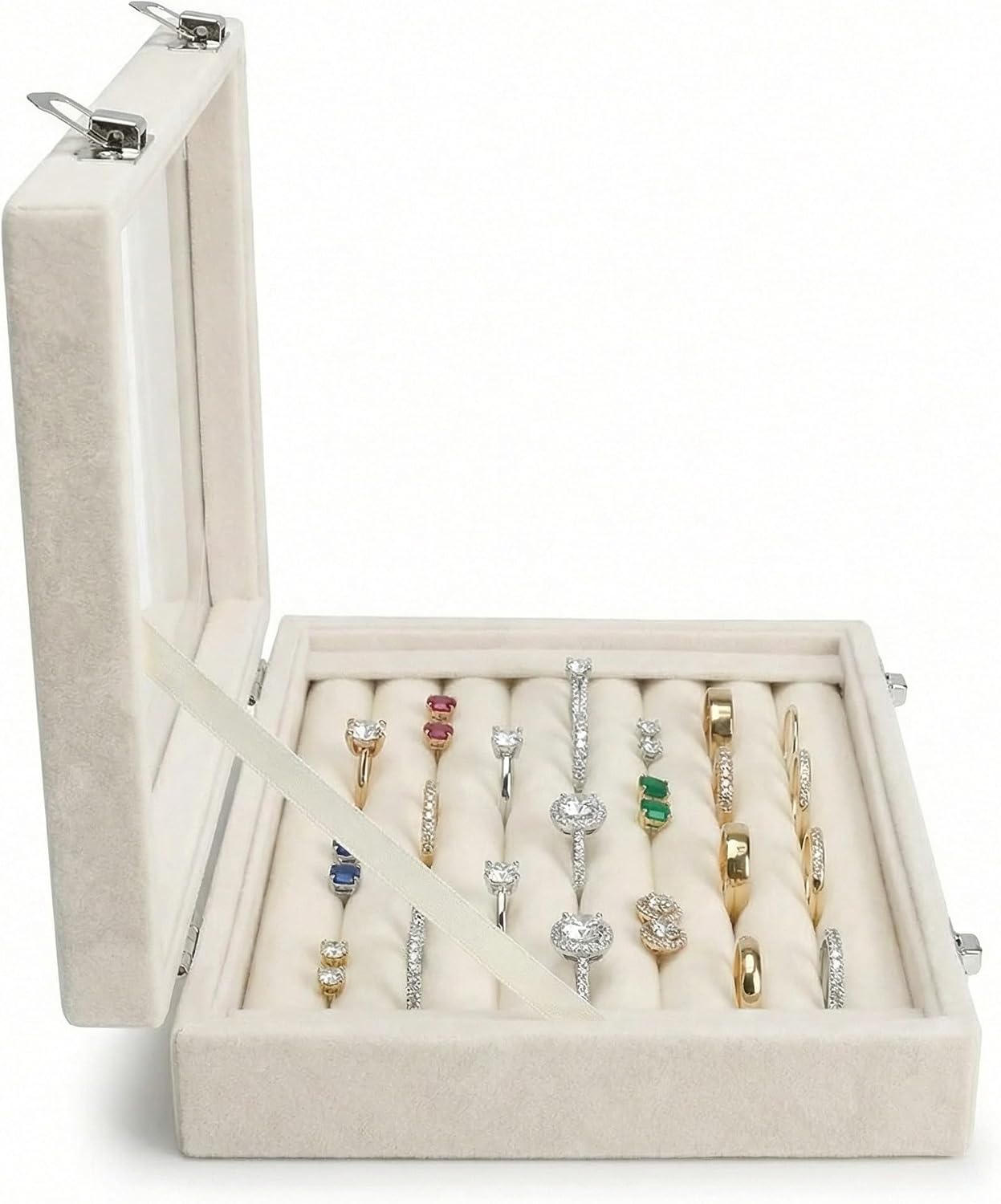Caja terciopelo 7 ranuras con tapa transparente para mujer
