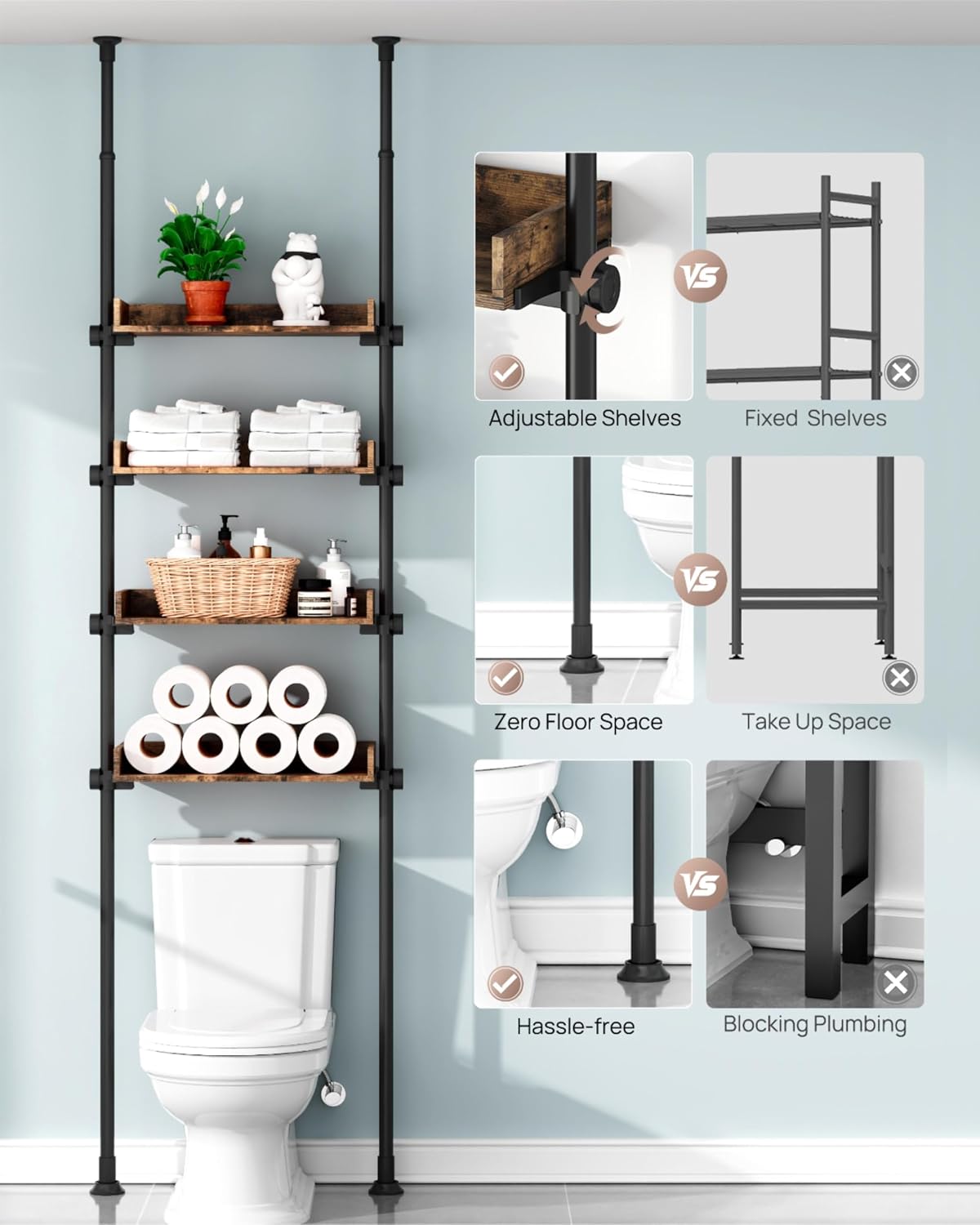 Organiz. baño estantes madera 4 niveles 92-116"