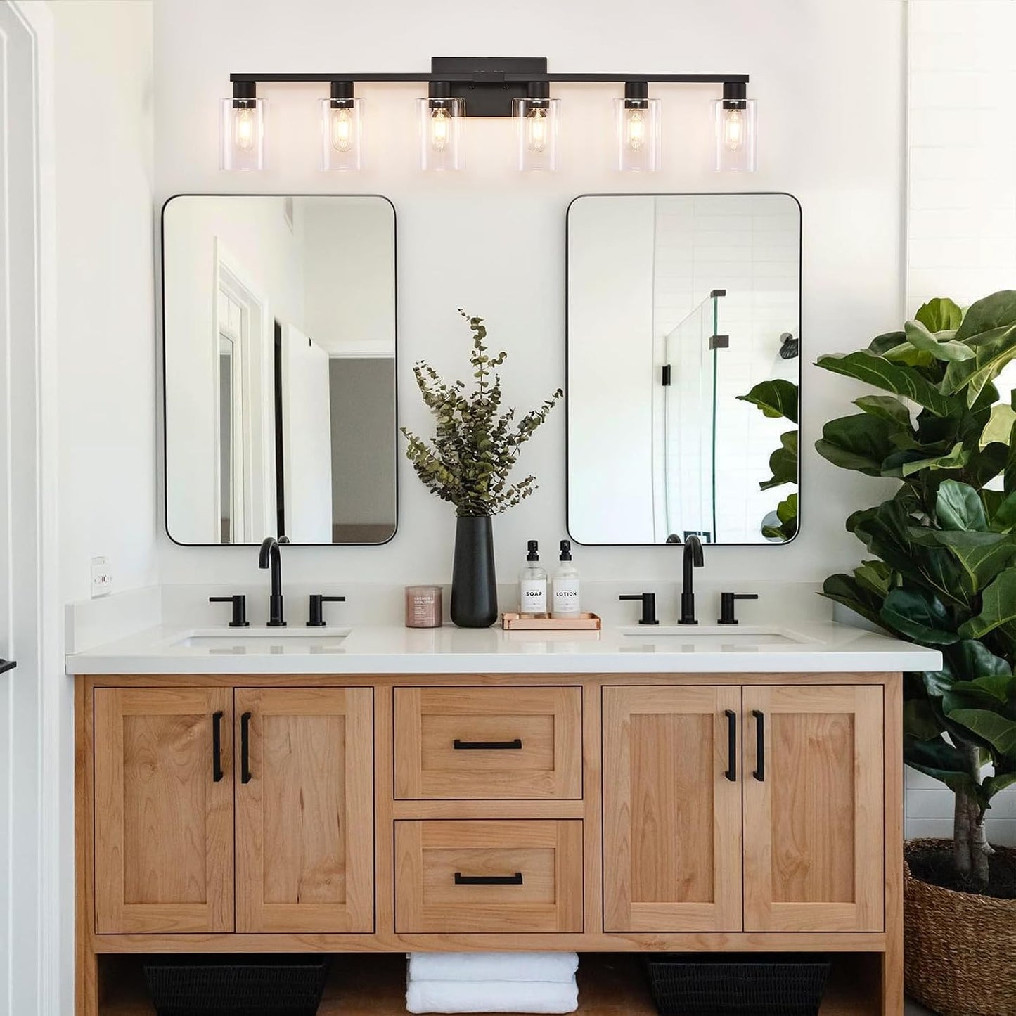 Luz tocad. baño 6 luces negro mate con pantallas vidrio